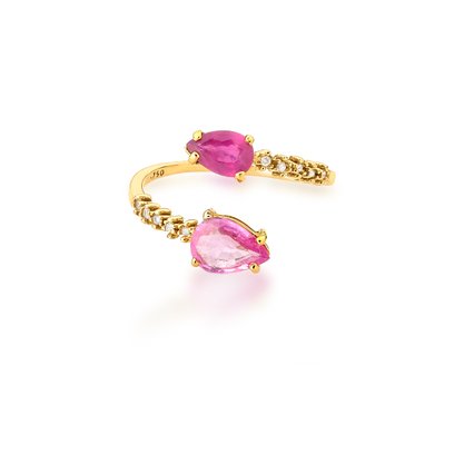 Anel Lanzara em Ouro Amarelo com Rubi, Safira Rosa e Diamantes