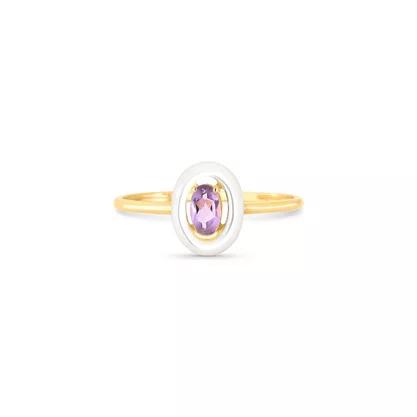 Anel em ouro amarelo com Madre Pérola Oval e Ametista Oval