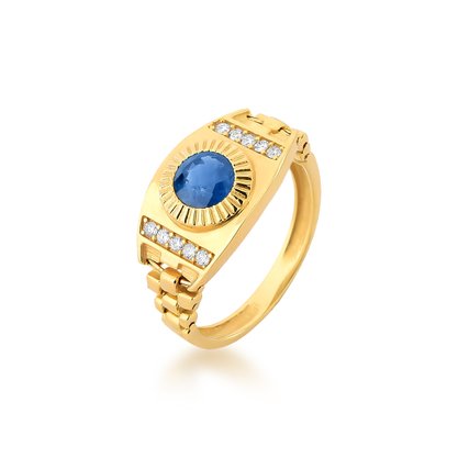 Anel em Ouro Amarelo Relógio de Dedinho com Safira Azul e Diamantes
