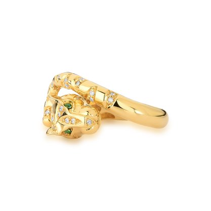 Anel em Ouro Amarelo Pantera com Esmeraldas e Diamantes
