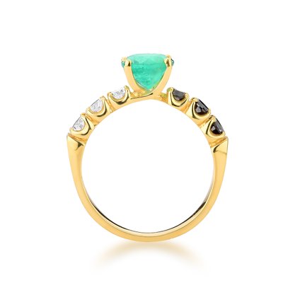 Solitário ouro amarelo com esmeralda e diamante black e white
