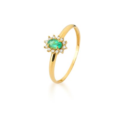 Anel em Ouro Amarelo com Esmeralda e Diamantes