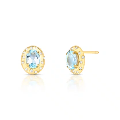 Brinco em Ouro Amarelo com Topázio Azul 8x6 mm oval e Diamante