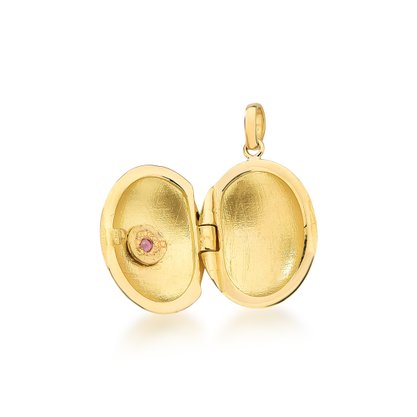 Pingente Relicário Ouro Amarelo Oval com ametista.