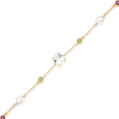 Pulseira em Ouro Amarelo com Topázio Branco, Pérolas, Turmalinas Rosas e Peridotos