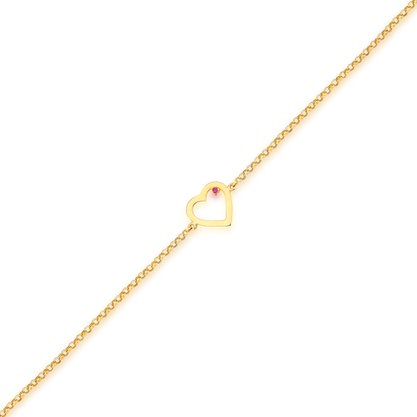 Pulseira Coração Mini em Ouro Amarelo com Rubi