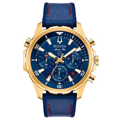 RELOGIO BULOVA MARINE STAR DOURADO AMOST AZUL/BORRCOURO AZUL