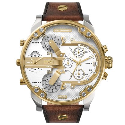 RELOGIO DIESEL MR. DADDY PRATA E DOURADO COM COURO MARROM