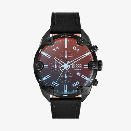 RELOGIO DIESEL SPIKED PRETO COM COURO PRETO
