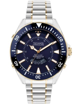 RELOGIO TECHNOS CAIXA E PULS.AÇO DOURADO/AZUL