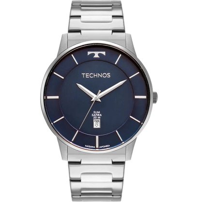 RELOGIO TECHNOS CLASSIC SLIM PRATA MOSTRADOR AZUL
