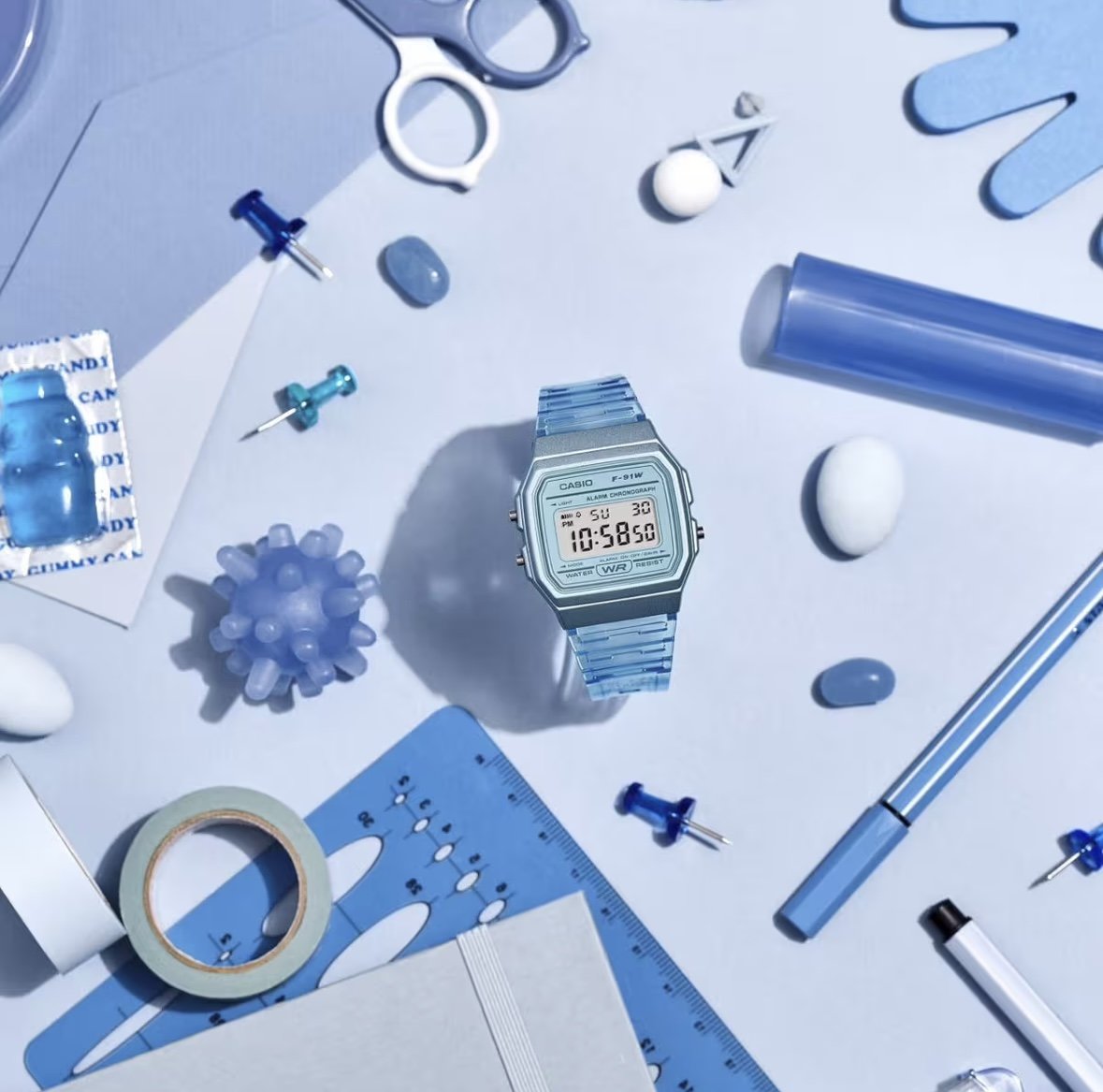 Relógio Casio Vintage Transparente Azul F-91WS-2DF-SC