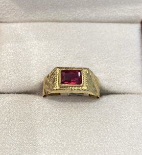 Anel Ouro Amarelo Masculino Com Zircônia Vermelha