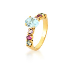 Anel Lanzara em Ouro Amarelo com Topázio Azul Sky, Turmalinas Rosas e Rodolitas