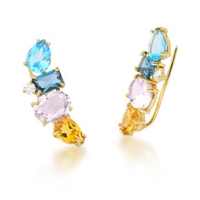 Brinco Ear Cuff em Ouro Amarelo com Pedras Brasileiras e Diamantes