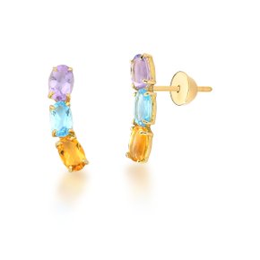 Brinco Ear Cuff Lanzara em Ouro Amarelo com Topázios Azuis, Ametistas e Citrino