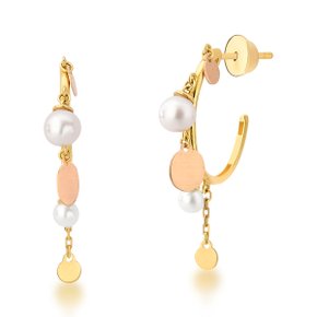 Brinco Meia Argola em Ouro Amarelo com Pérolas e Chapas