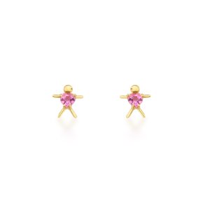 Brinco Boneco em Ouro Amarelo com Coração Turmalina Rosa