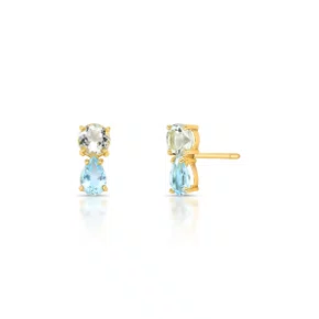 Brinco em Ouro Amarelo com Topázio azul gota  e Topázio branco redondo