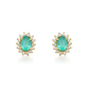 Brinco Gota em Ouro Amarelo com Esmeralda e Diamantes