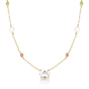 Colar em Ouro Amarelo com Topázio Branco, Pérolas, Turmalinas Rosa e Peridotos