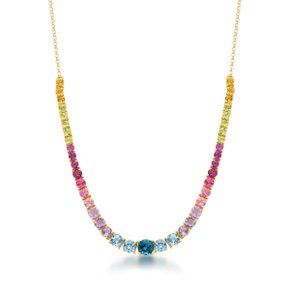 Colar Riviera em Ouro Amarelo com Topázios Azuis, Rodolita, Peridoto, Ametista, Citrino e Turmalina Amarela