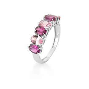 Meia Aliança em Ouro Branco com Rodolitas e Turmalinas Rosas