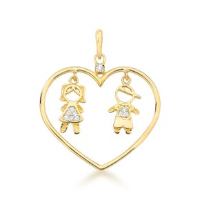 Pingente Coração 2 Bonecos em Ouro Amarelo com Diamantes