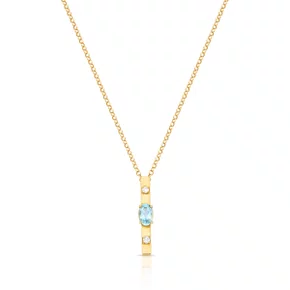 Pingente retangular em ouro amarelo com topázio azul oval e diamante.