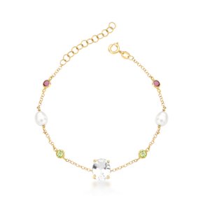 Pulseira em Ouro Amarelo com Topázio Branco, Pérolas, Turmalinas Rosas e Peridotos
