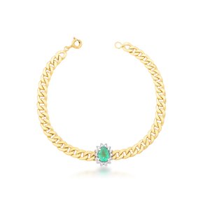 Pulseira Groumet em Ouro Amarelo com Esmeralda Oval e Diamantes