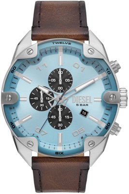 Relógio Diesel Spiked Masculino Couro Marrom e Prateado e Azul